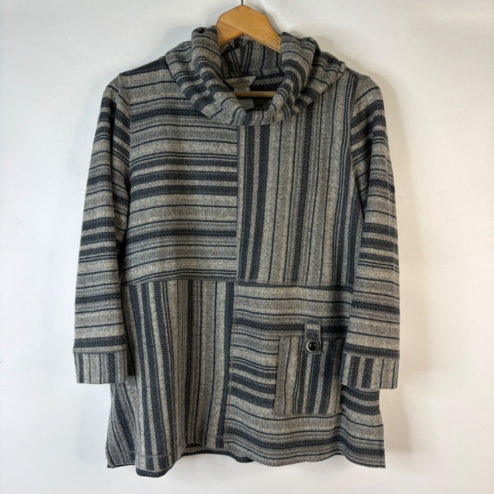 Multiples Pullover Tunic Women Large Gray Striped Cowl Neck Pocket Long Sleeve